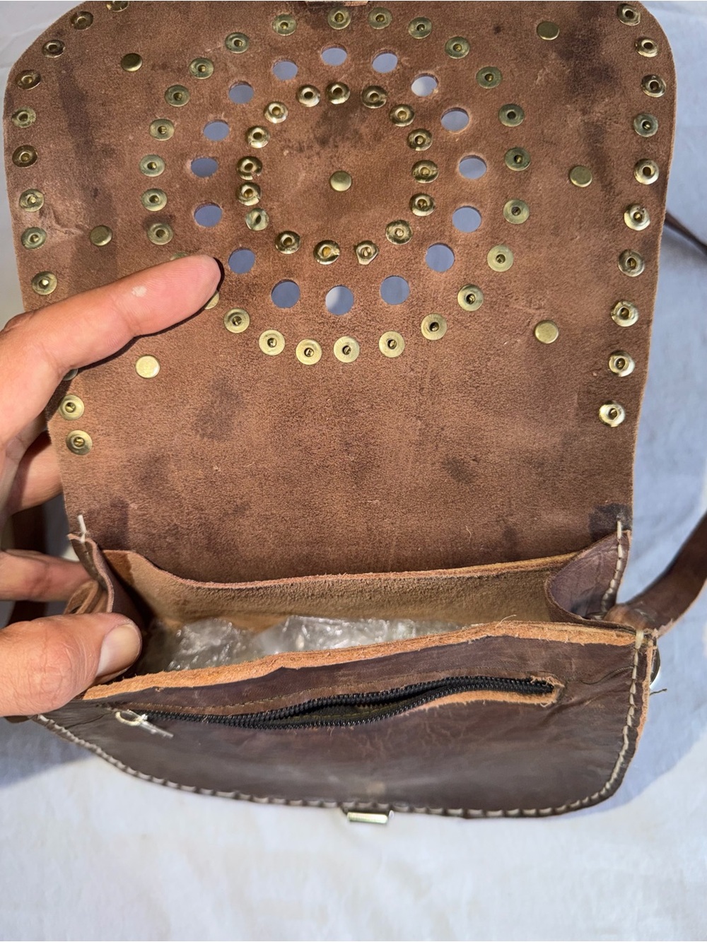 Brown Leather Stud-Embellished Crossbody Bag with Center Stone Accent - Picture 5 of 5